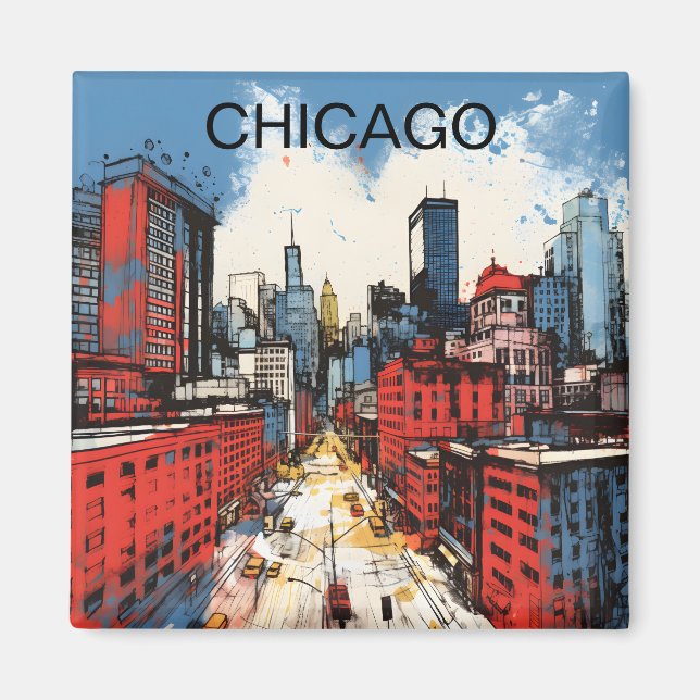 Aimant Peinture de la skyline de Chicago – Art urbain de  (Devant)
