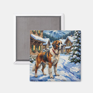 Aimant Peinture de Noël alpine vintage de Saint-Bernard