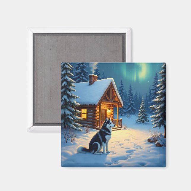 Aimant Peinture de Noël de cabane enneigée avec Husky sib (Recto/Verso)