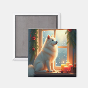 Aimant Peinture de Noël Samoyède sous le gui