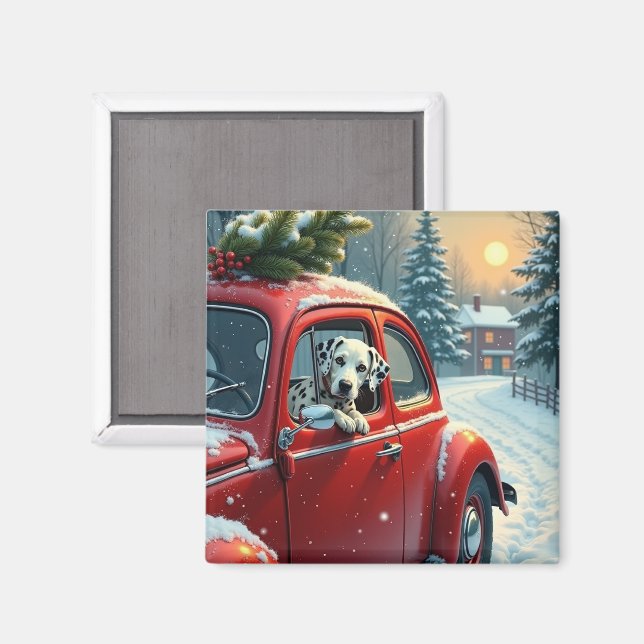 Aimant Peinture de Noël : Trajet en voiture enneigé avec  (Recto/Verso)