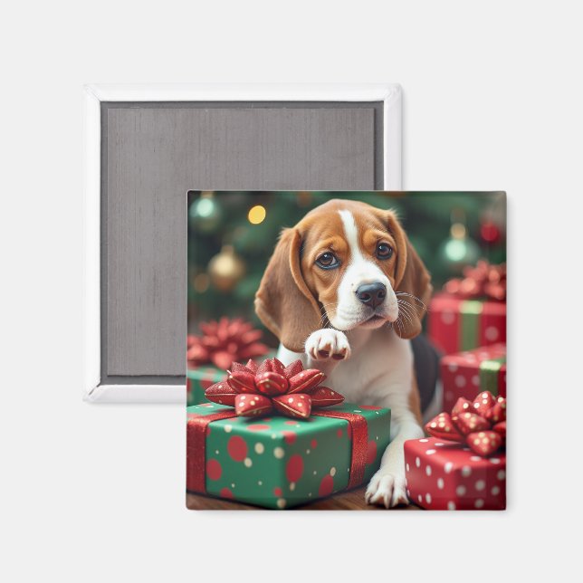 Aimant Peinture de Noël : un Beagle emballant des cadeaux (Recto/Verso)