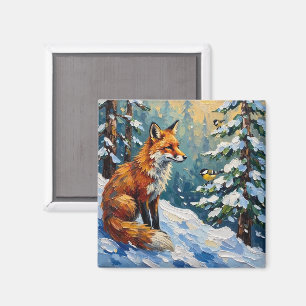 Aimant Peinture de Noël vintage Renard roux et mésanges