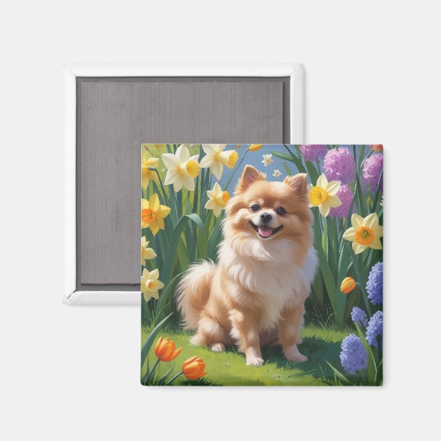 Aimant Peinture de printemps de chien de Poméranie (Recto/Verso)