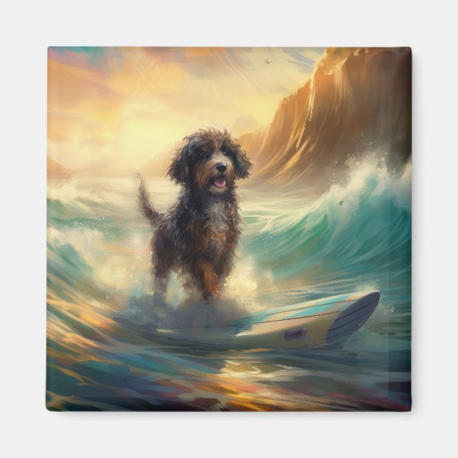Aimant Peinture de surf à la plage de Bernedoodle (Devant)