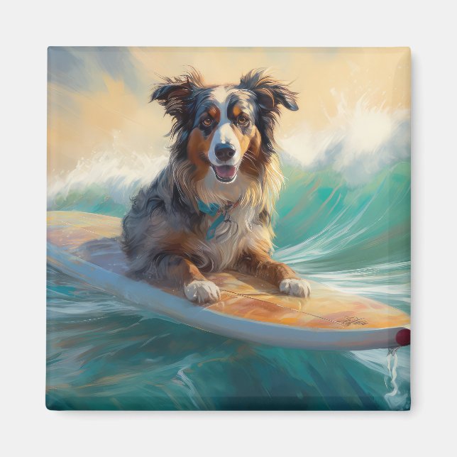 Aimant Peinture de surf de plage de berger australien (Devant)