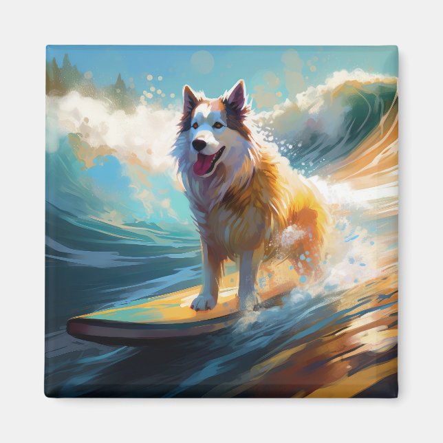 Aimant Peinture de surf de plage de Malamute d'Alaska (Devant)