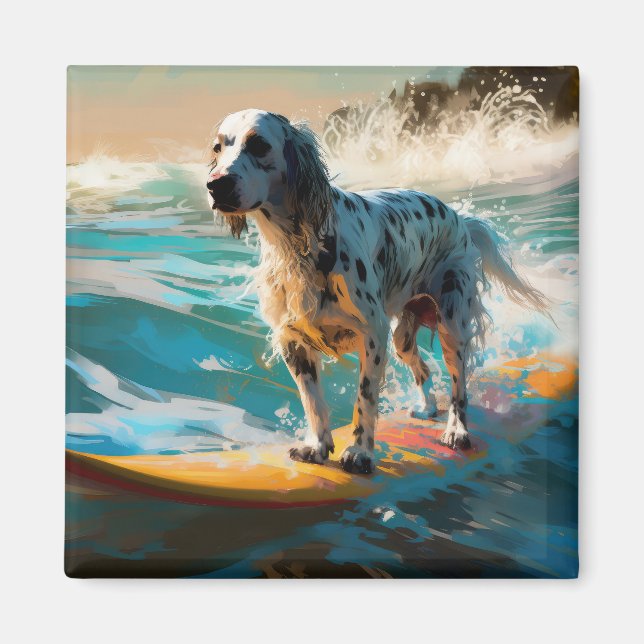 Aimant Peinture de Surf sur la Plage avec Setter Anglais (Devant)