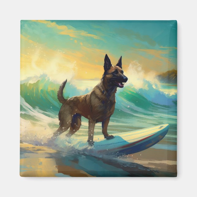 Aimant Peinture de Surf sur Plage avec Malinois Belge (Devant)