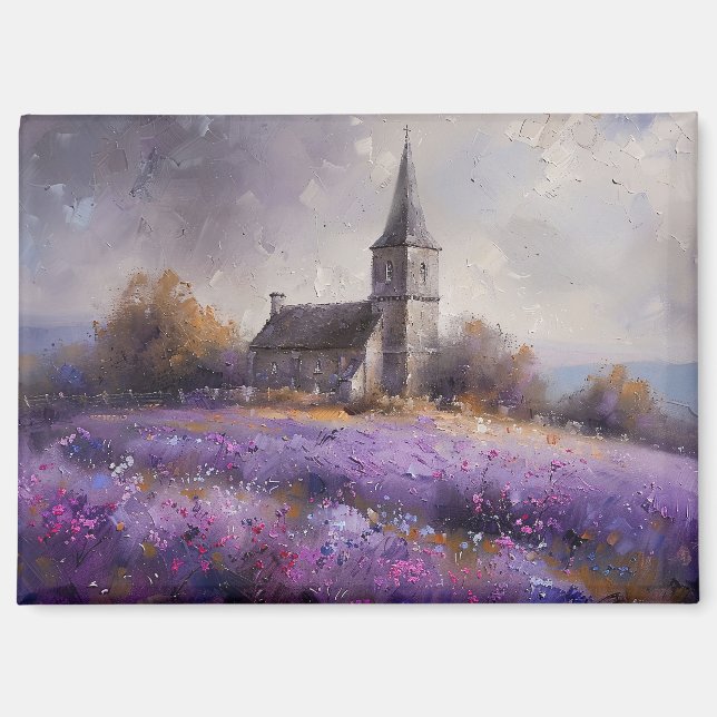 Aimant Peinture d'église rustique et champ de fleurs sauv (Recto)
