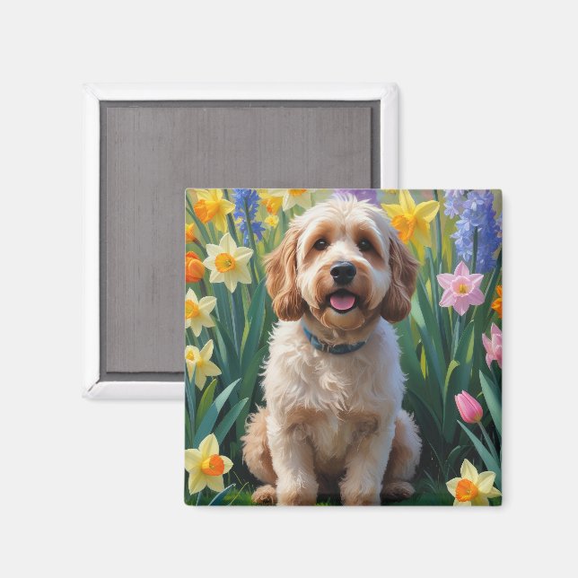 Aimant Peinture des fleurs de printemps de chien de Cocka (Recto/Verso)