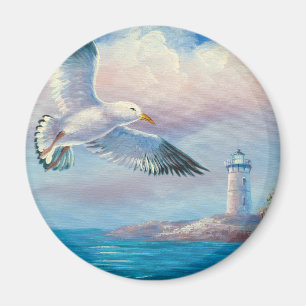 Aimant Peinture d'une mouette volant près d'un phare