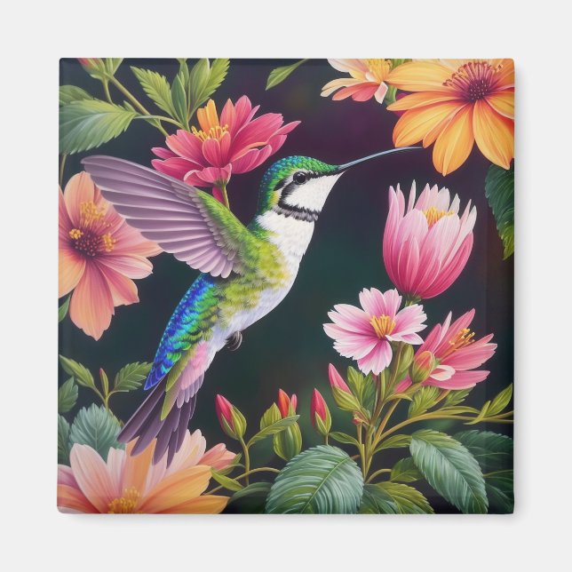 Aimant Peinture florale colorée de colibri (Devant)