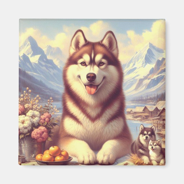Aimant Peinture rétro Sibérienne Husky (Devant)