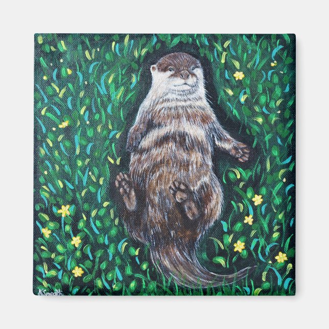 Aimant Peinture sur la loutre de rivière relaxante (Devant)