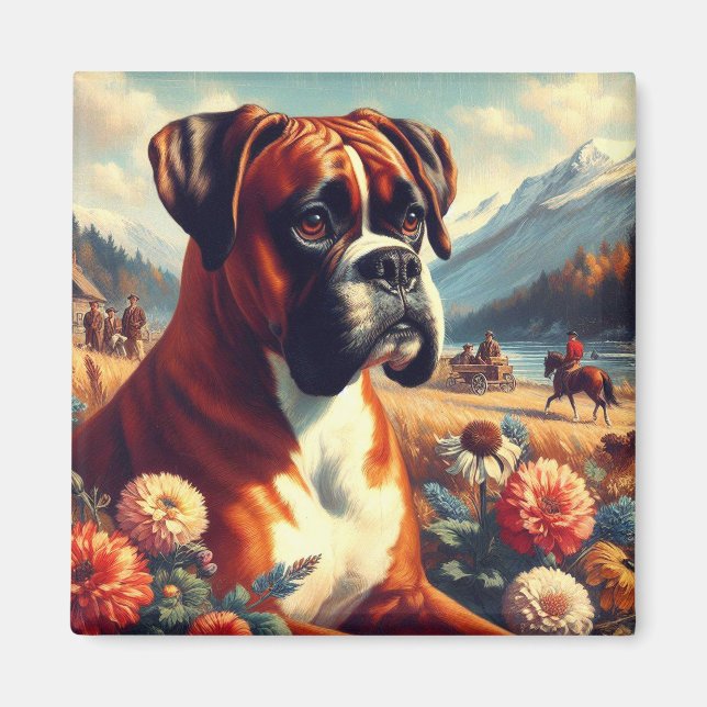 Aimant Peinture vintage de chien de boîte (Devant)