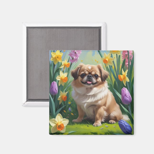 Aimant Pekingese Chien Fleurs de printemps Peinture (Recto/Verso)