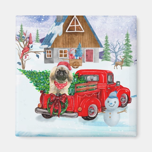 Aimant Pekingese Dog In Christmas Delivery Truck Snow  (Devant)