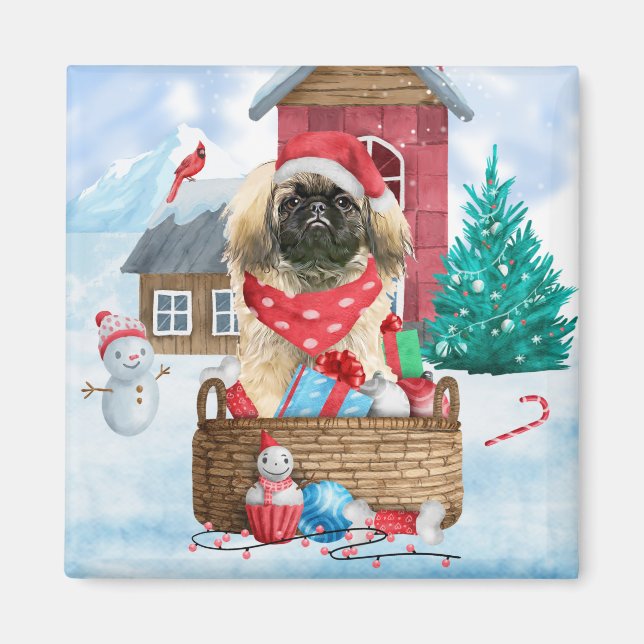 Aimant Pekingese Dog In snow Christmas Dog House (Devant)