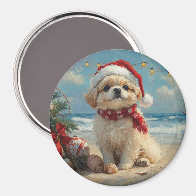 Aimant Pékinois Noël Vintage Plage (Recto/Verso)