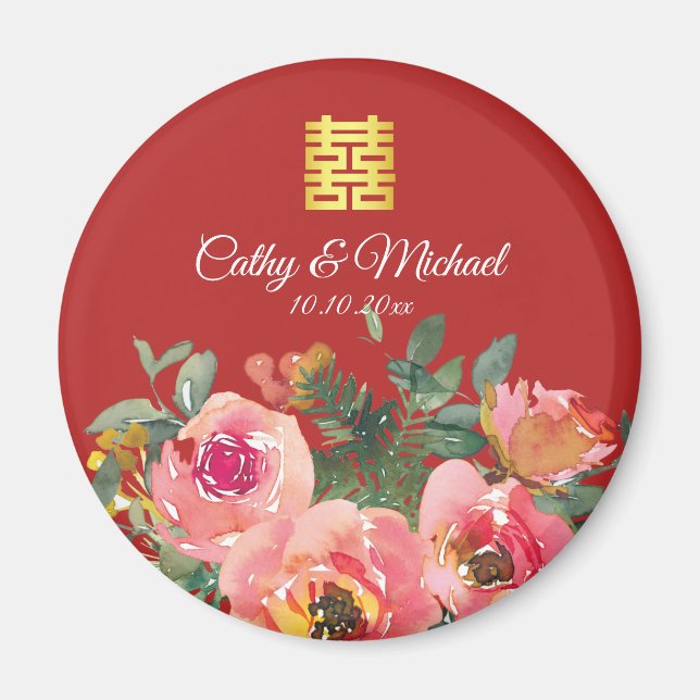 Aimant Peony floral double bonheur chinois mariage rouge (Devant)