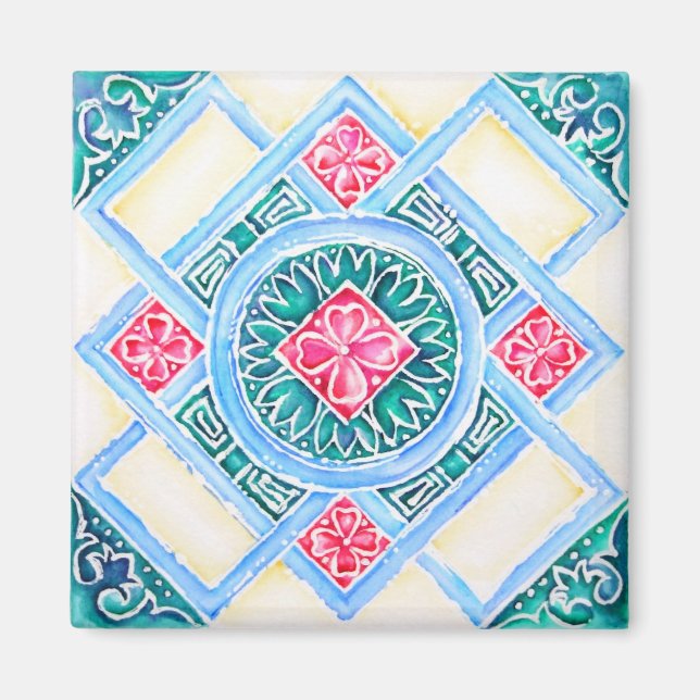 Aimant Peranakan Carreaux géométriques Turquoise (Devant)