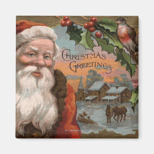 Aimant Père Noël avec le houx, scène de village