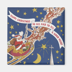 Aimant Père Noël de Noël vintage avec rennes volants