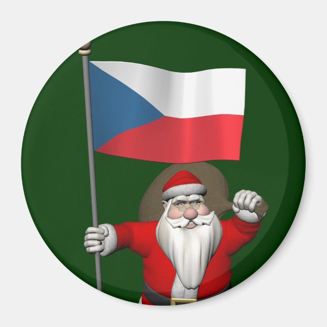 Aimant Père Noël Doux Avec Drapeau De République Tchèque (Devant)