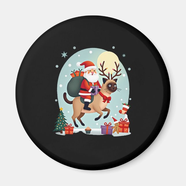 Aimant Père Noël équitation renne Siamese Chat Noël Arbre (Devant)