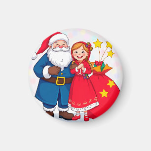 Aimant Père Noël et fille avec un sac de cadeaux