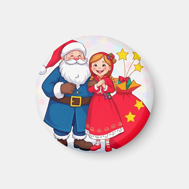 Aimant Père Noël et fille avec un sac de cadeaux (Devant)