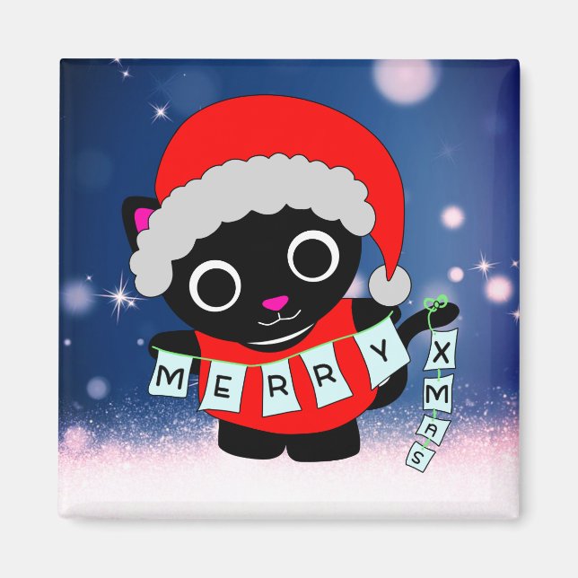 Aimant Père Noël Kitty Chat Saison Salutation joyeuse fêt (Devant)