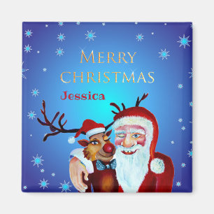 Aimant Père Noël magique aquarelle Rudolph souriant