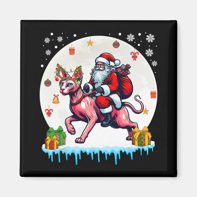 Aimant Père Noël Riding Reindeer Sphynx Chat Noël Proprié (Devant)