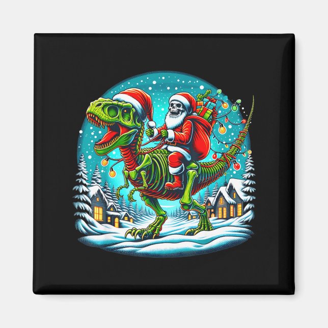 Aimant Père Noël squelette à cheval sur T Rex dinosaure N (Devant)