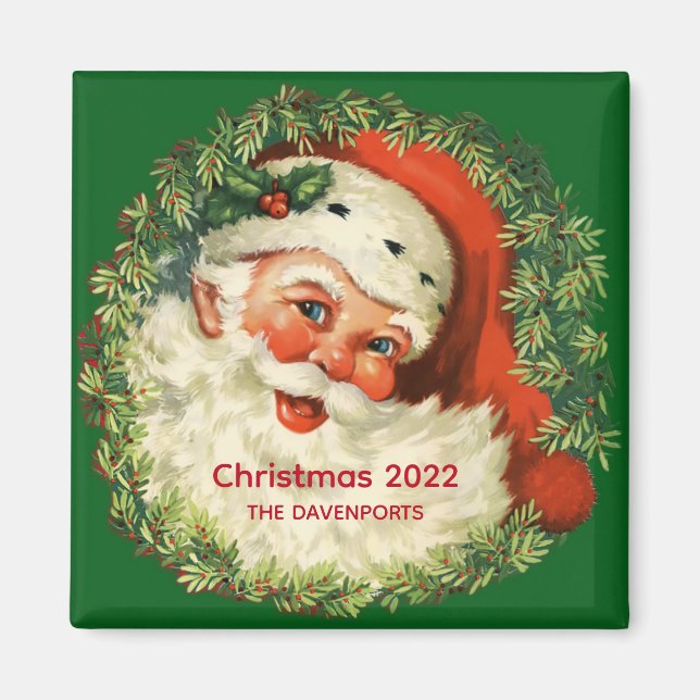 Aimant Père Noël vintage avec couronne de pin Noël (Devant)
