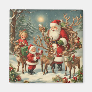 Aimant Père Noël vintage avec enfants, rennes et cadeaux