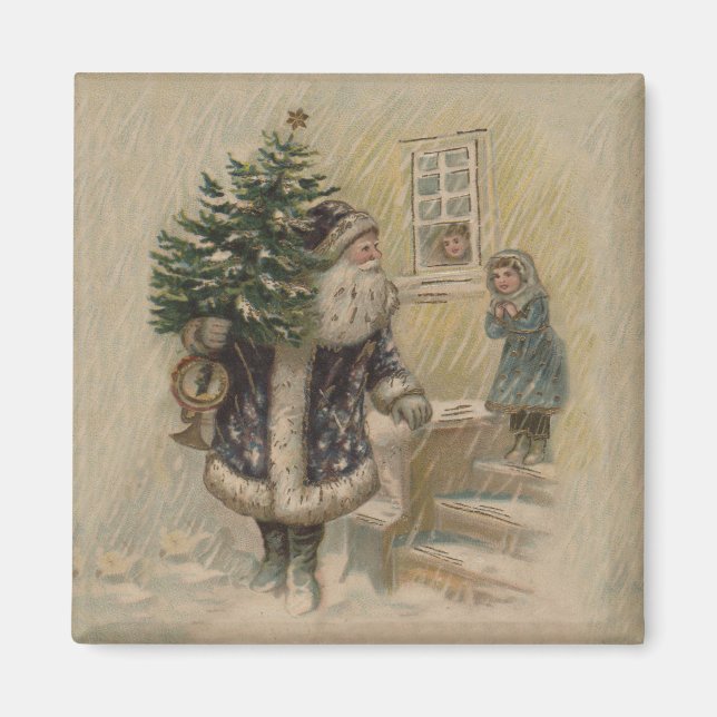 Aimant Père Noël Vintage Neige Arbre de Noël (Devant)