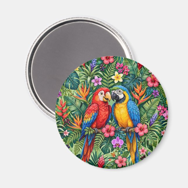 Aimant Perroquets de la jungle Macaws Fleurs Vibrantes  (Recto/Verso)