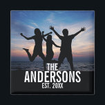 Aimant Personalized Family Photo with Family Name<br><div class="desc">Personalized family photo gift, decorate with family name and established year in white modern sans serif font style, perfect with square photo. Cool way to display family photo. Also perfect as holiday gift, housewarming gift, family reunion gift and gift for any special occasions. Please Note: Photo shown on product is...</div>