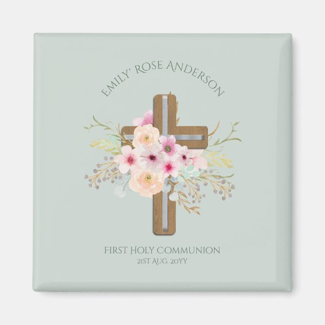 Aimant Personalized Holy Communion Floral Cross (Devant)