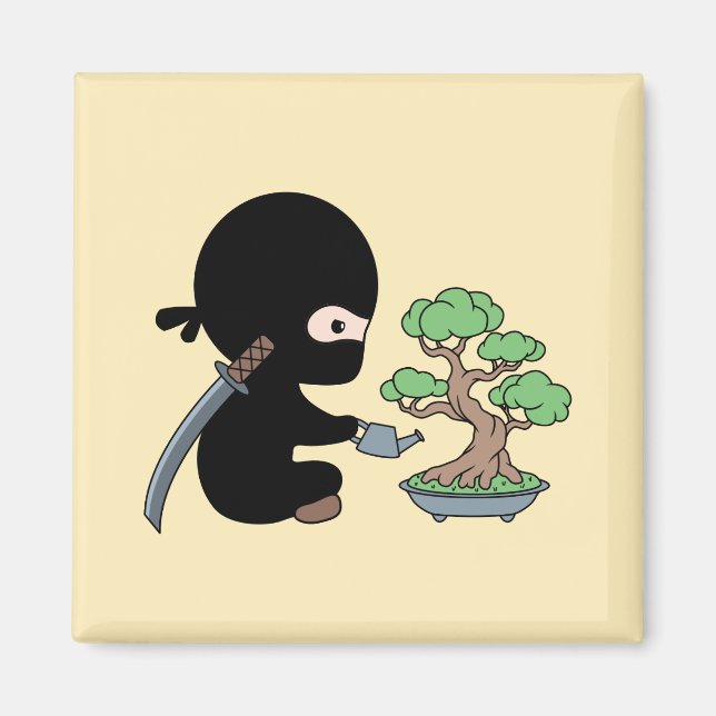 Aimant Petit bonsaï d'arrosage Ninja sur jaune (Devant)