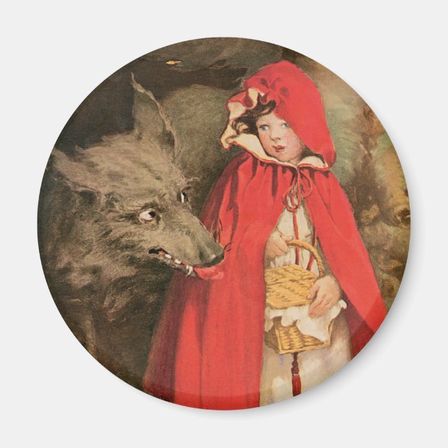 Aimant Petit chapeau rouge vintage et grand loup méchant (Devant)