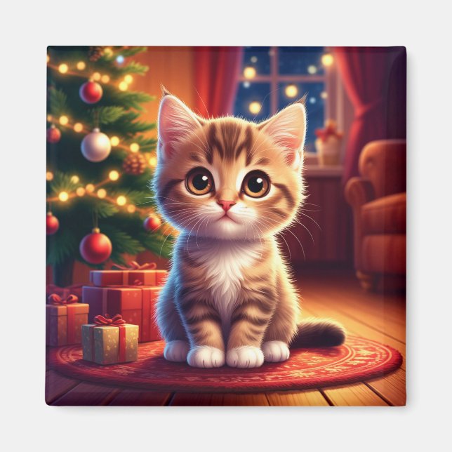 Aimant Petit chaton assis à côté d'un arbre de Noël lumin (Devant)