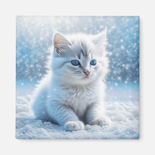 Aimant Petit chaton blanc dans Noël enneigé (Devant)