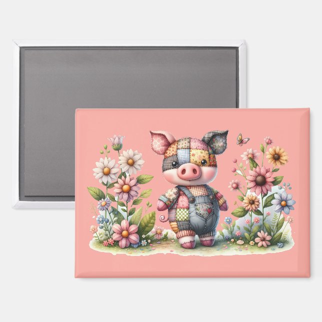 Aimant Petit Cochon Patchwork dans un Jardin Fleuri Magne (Recto/Verso)