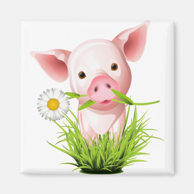 Aimant Petit cochon rose dans l'herbe (Devant)