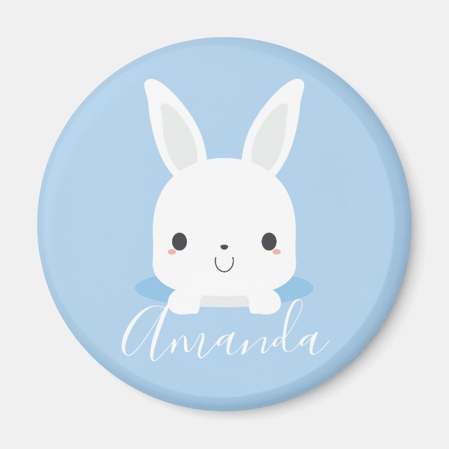 Aimant Petit lapin bleu mignon avec nom personnalisé (Devant)