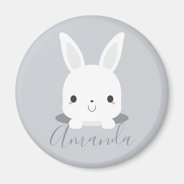 Aimant Petit lapin de lapin gris mou avec nom personnalis (Devant)